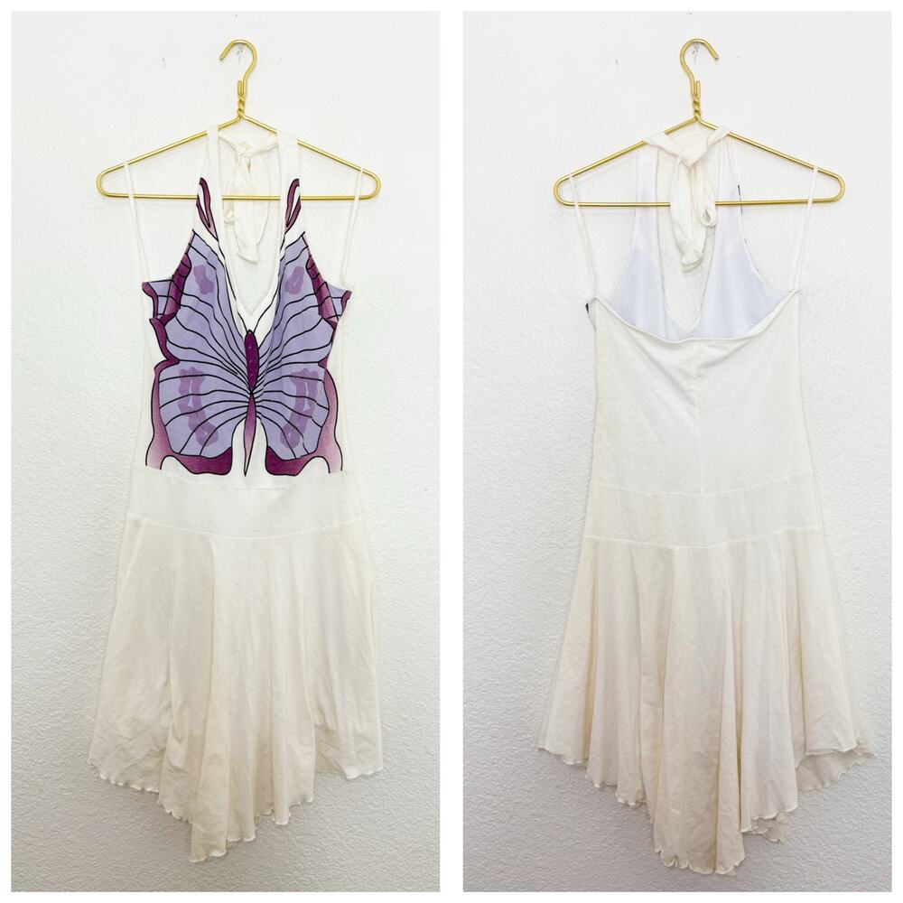 Vintage Y2K Hot Kiss Butterfly Asymmetric Hem Midi Dress Size Medium Halter 2000